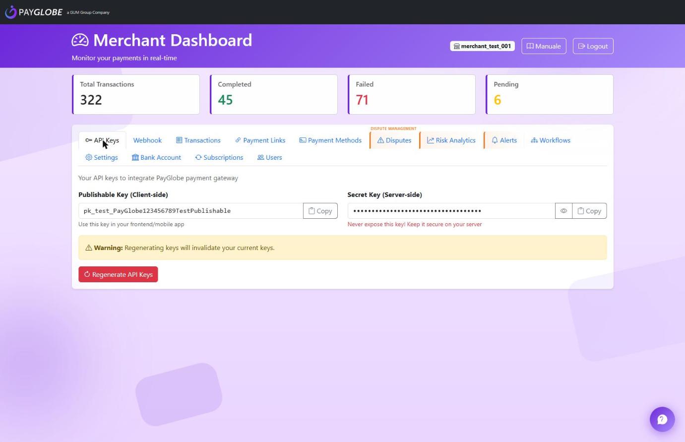 API Keys tab with publishable and secret key and the regenerate button