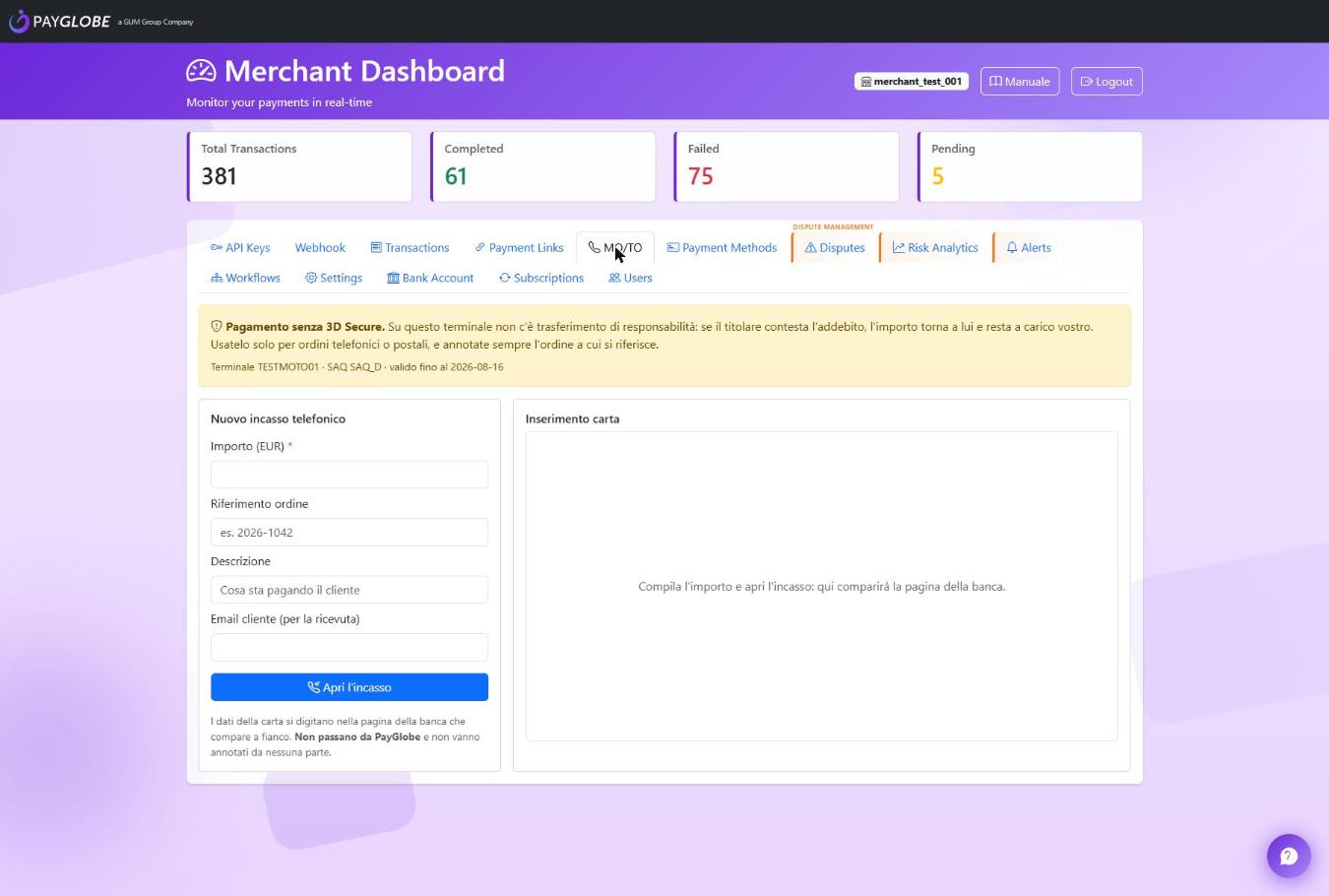 MO/TO tab: warning banner, the new-payment form and the bank's card entry panel