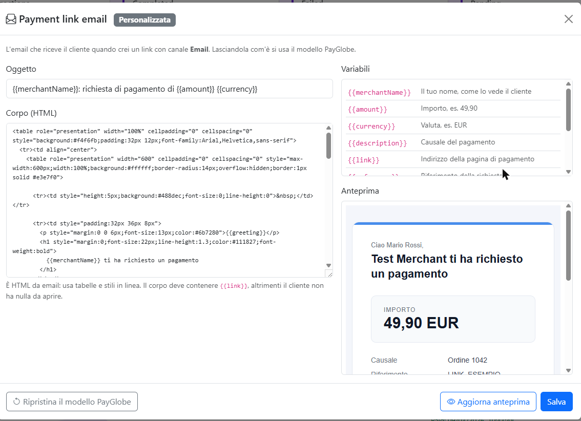 Email template editor: subject, HTML body, available variables and live preview