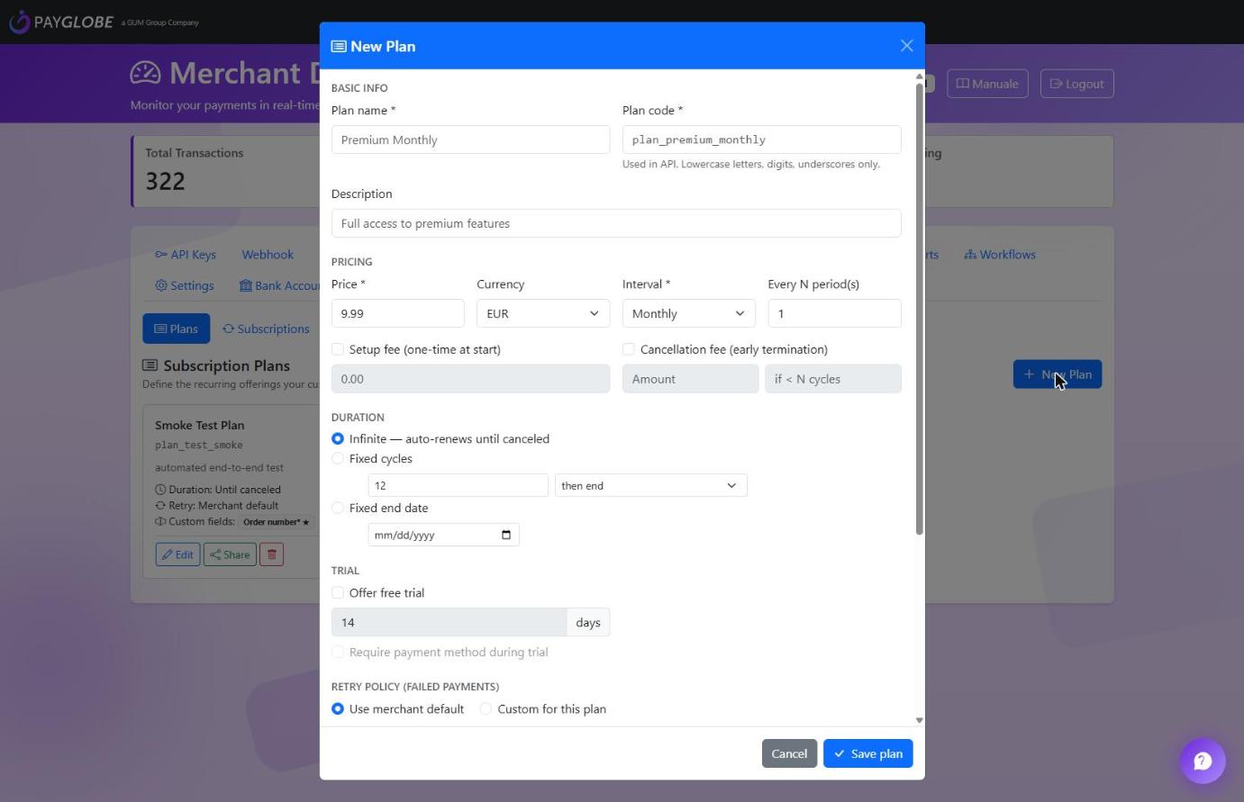 New Plan dialog with pricing, duration, trial and retry options