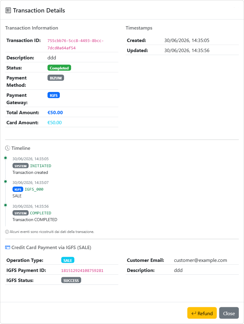 Transaction Details (eye view) with timeline