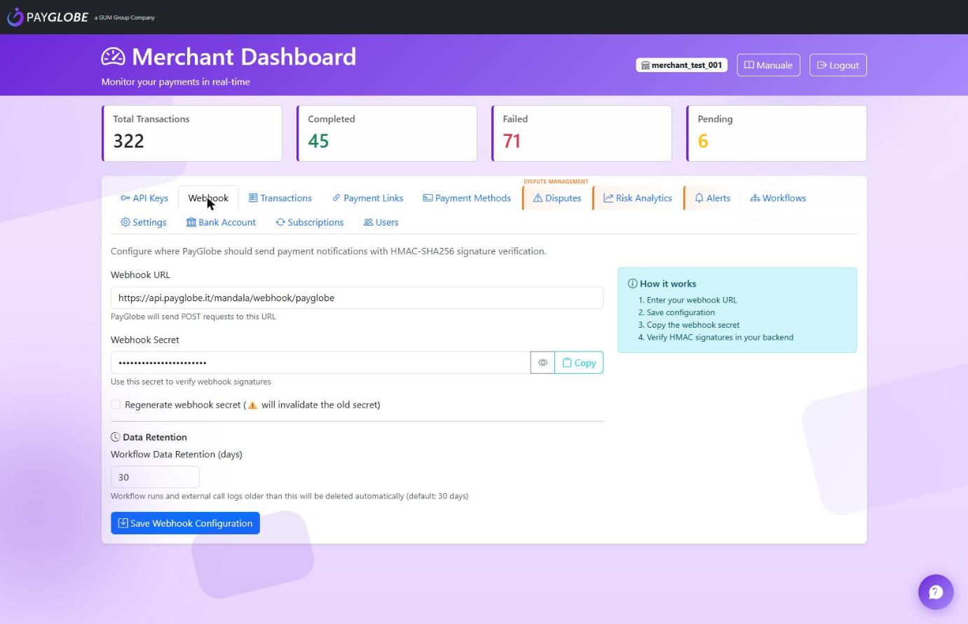 Webhook configuration with URL, secret and data-retention settings
